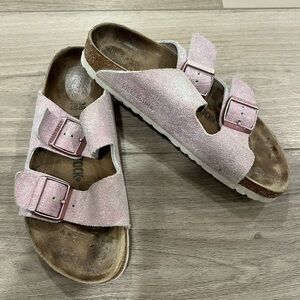 Birkenstock Women Size 38 Narrow Arizona Metallic Fuchsia Leather Slides